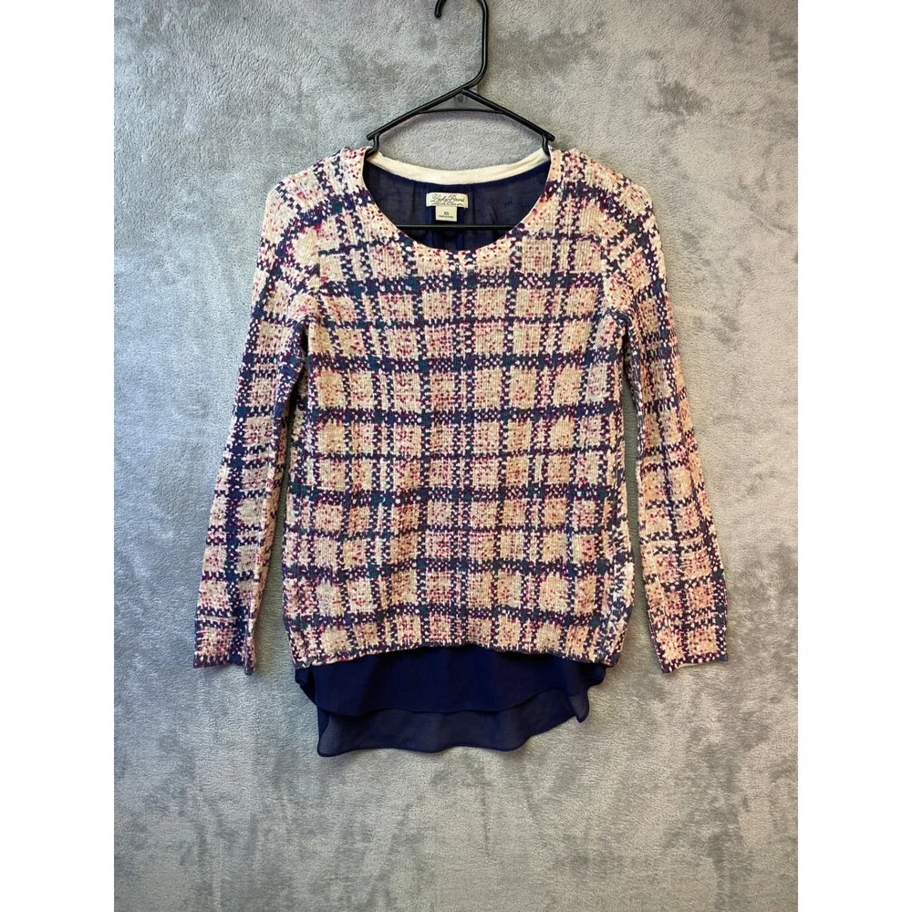 Lucky Brand Mixed Media Plaid Sweater Navy Blue Chiffon Split Back XS